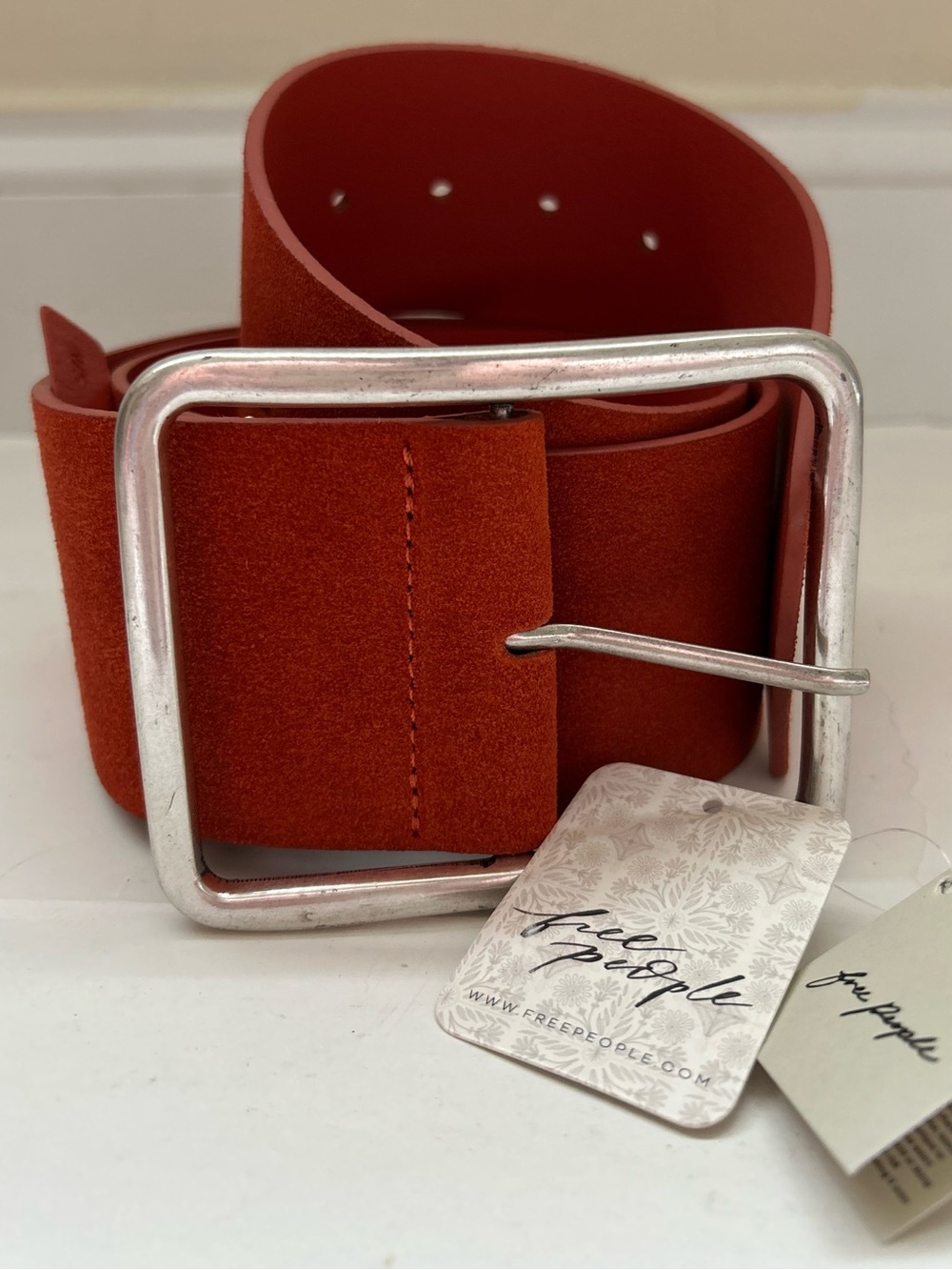 Free People NWT Leather Suede Wide Silver Buckle Paprika Belt size S/M